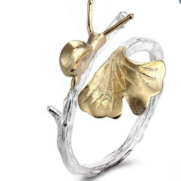 Snail Ring Sterling Silver 925 Lotus Leaf Adjustable Two Tone Jewelry - Picture 1 of 10